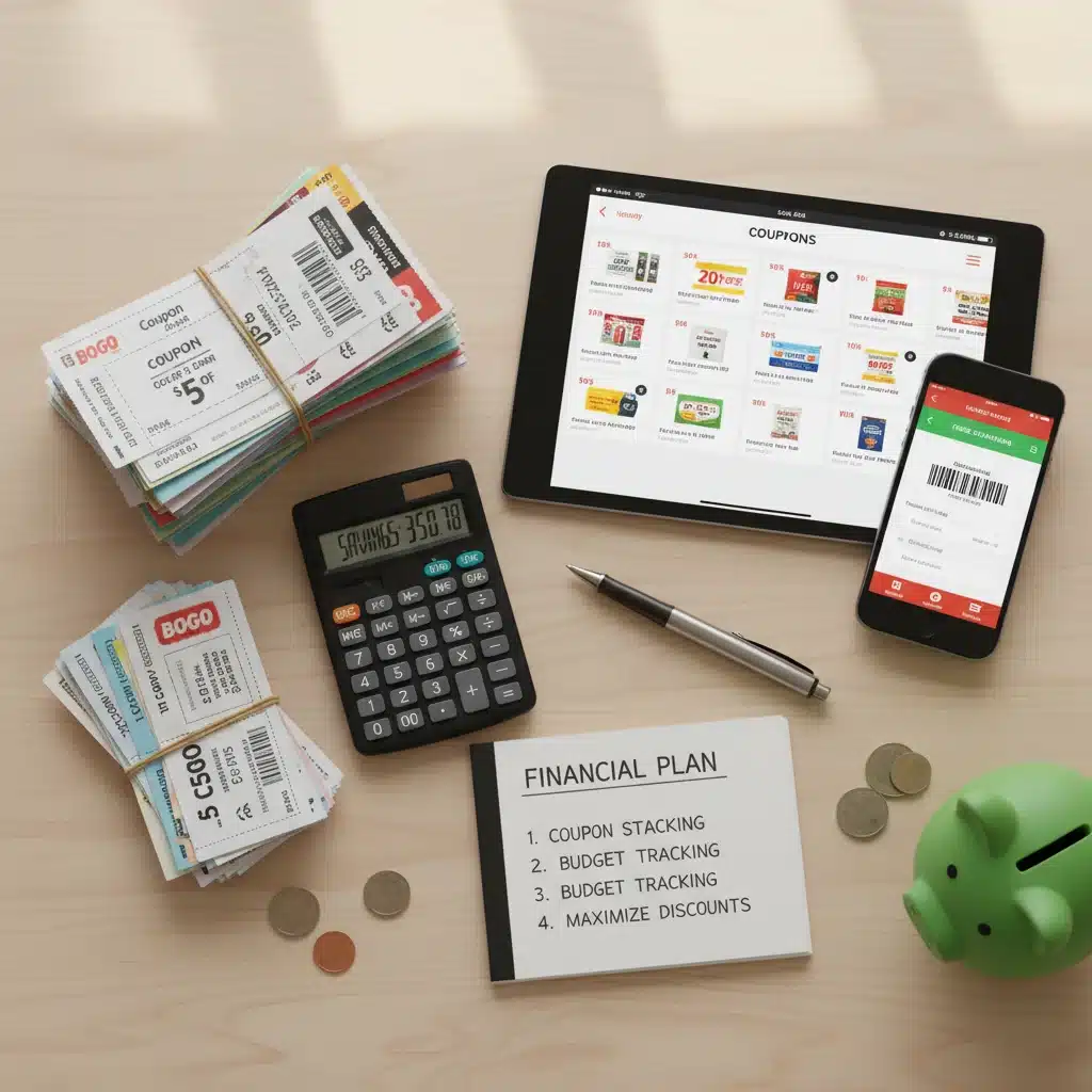 Organized stack of physical and digital coupons with calculator for strategic savings.
