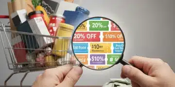 Person using magnifying glass to find digital coupons on a smartphone for smart shopping.