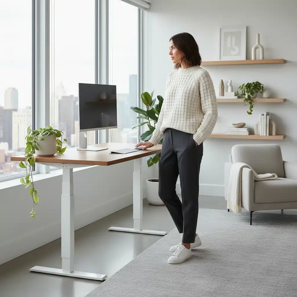 Elevated knitwear and tailored joggers for a hybrid work environment, blending comfort with professional appearance.