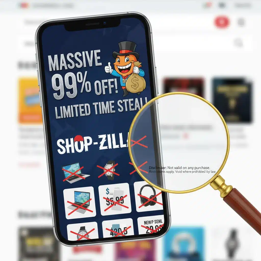 Smartphone displaying suspicious coupon offer, magnifying glass highlighting fine print, representing scam identification.