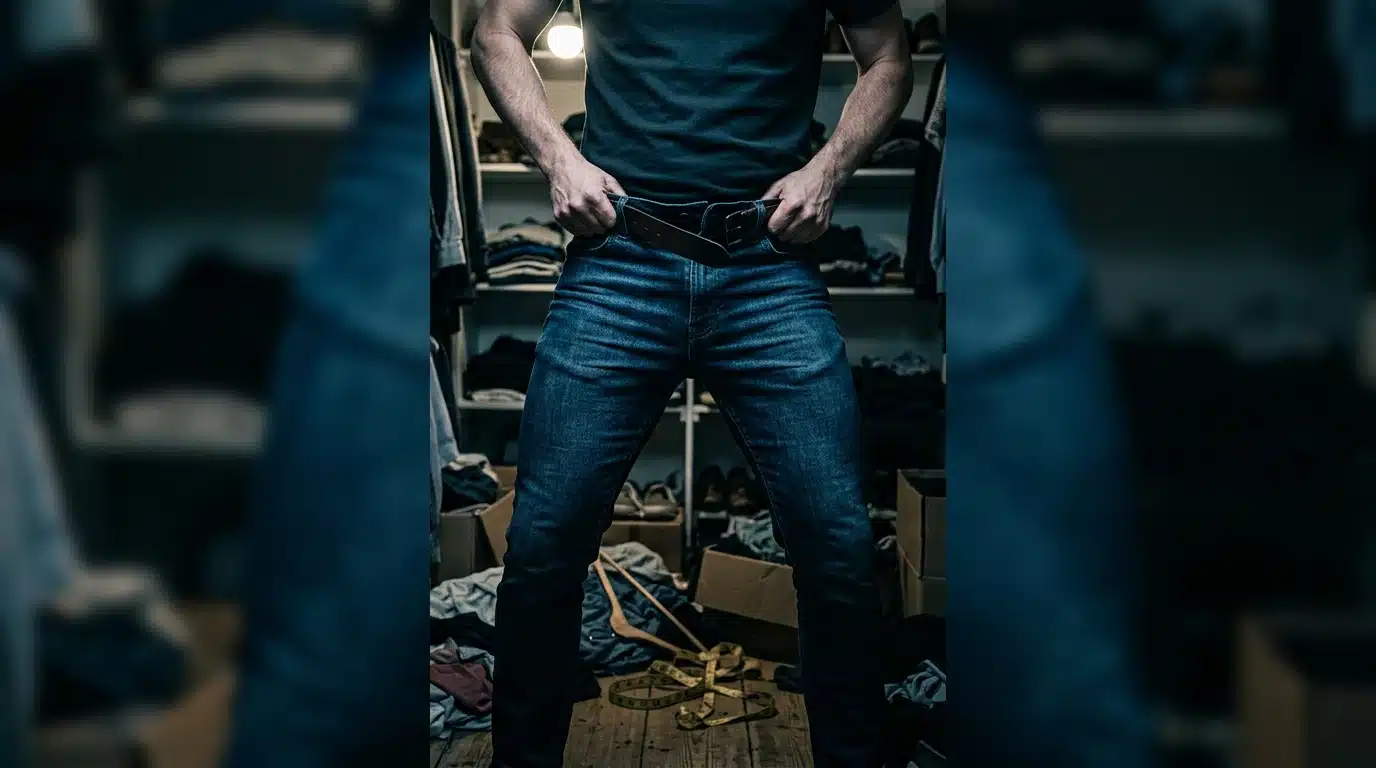 A person struggles with ill-fitting denim jeans amidst scattered clothing, symbolizing outdated sizing and shopping frustration.