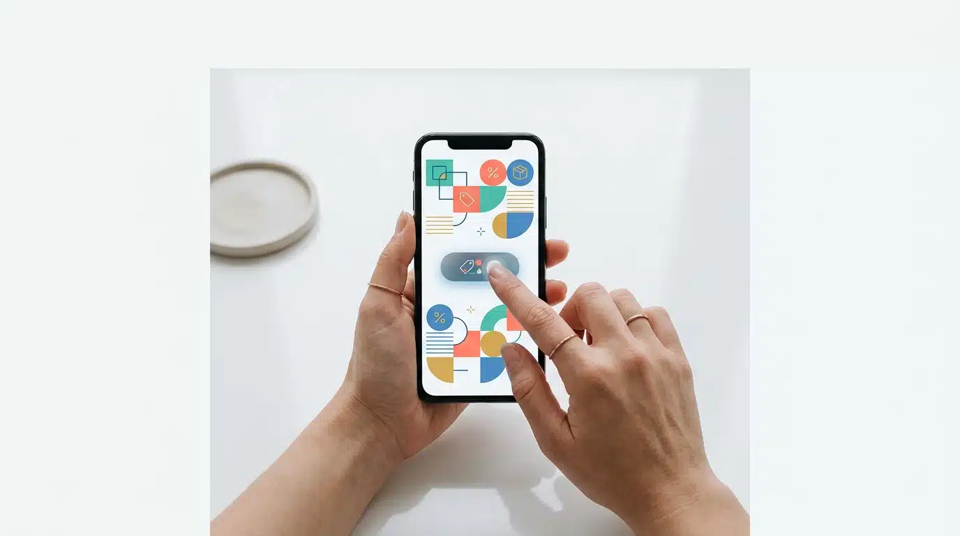 Close-up of hands holding a smartphone displaying the Shein app's coupon section, with a finger tapping to claim a discount.