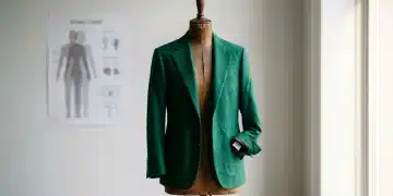 A tailored emerald green blazer draped on a vintage mannequin with a partially obscured size tag, against a blurred sizing chart, illustrating sizing inconsistencies.