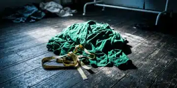 Hands clutching an ill-fitting green blouse, with a measuring tape on a wooden floor amidst discarded clothes, symbolizing sizing frustration.