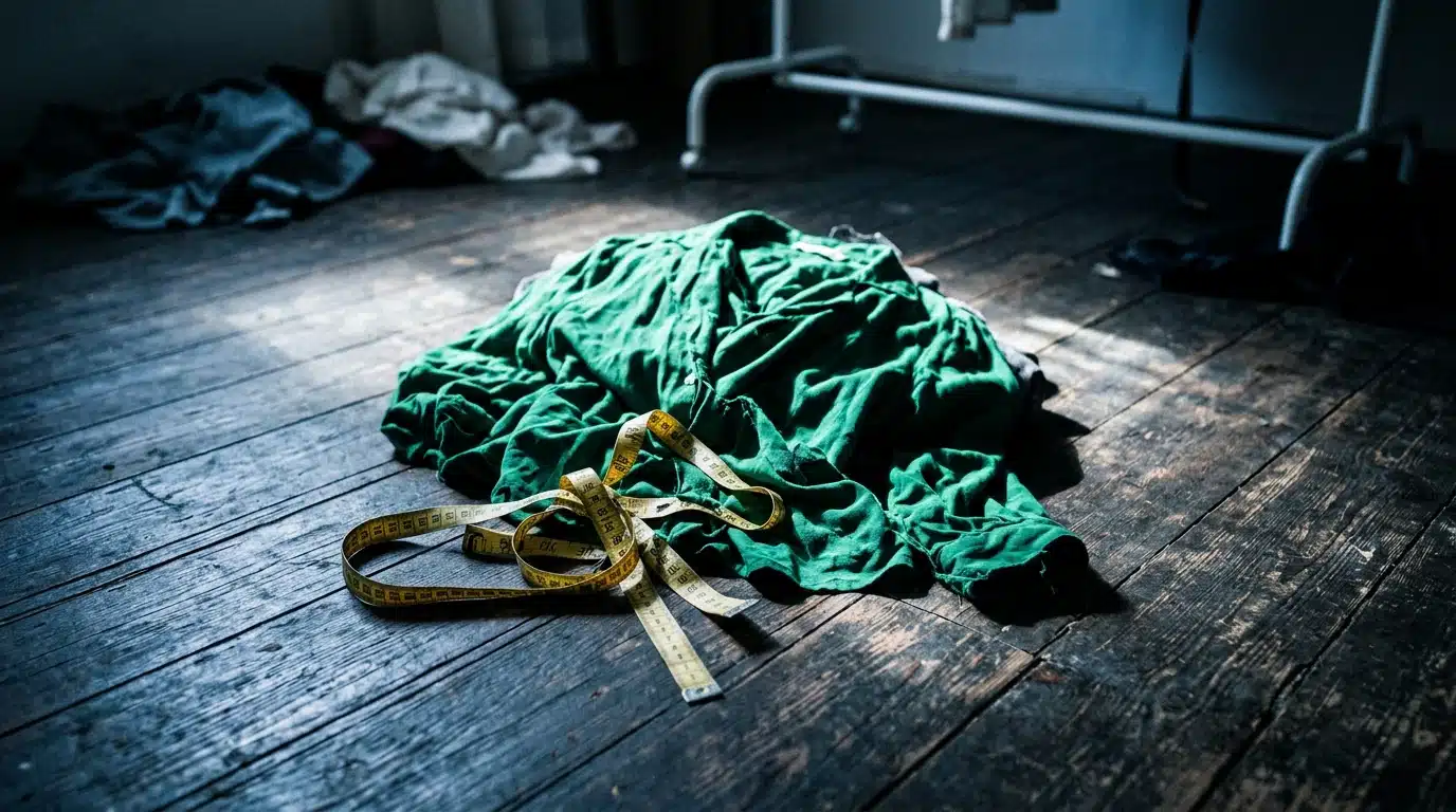 Hands clutching an ill-fitting green blouse, with a measuring tape on a wooden floor amidst discarded clothes, symbolizing sizing frustration.