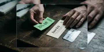 A close-up of hands comparing physical percentage-off, dollar-off, and free shipping coupons on a dark wooden desk under dramatic lighting.