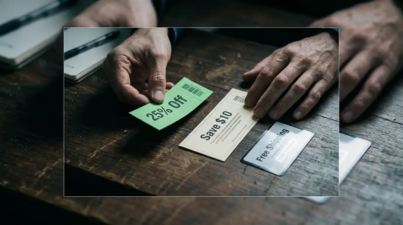 A close-up of hands comparing physical percentage-off, dollar-off, and free shipping coupons on a dark wooden desk under dramatic lighting.