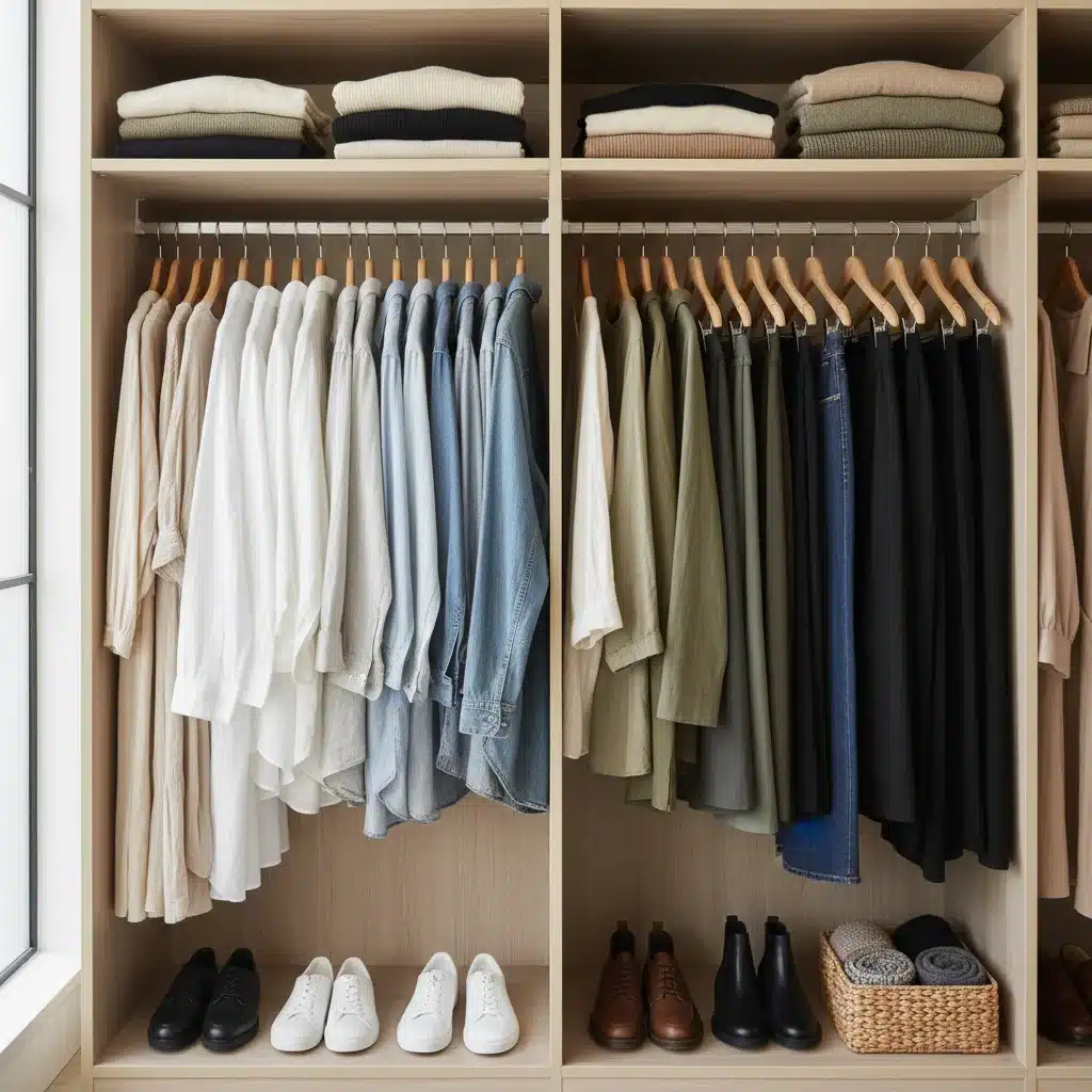 Organized closet with perfectly fitting, sustainable wardrobe essentials.