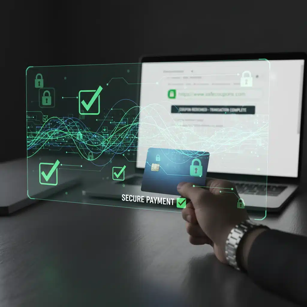 Secure online transaction interface with green checkmarks and padlock, representing safe coupon redemption.