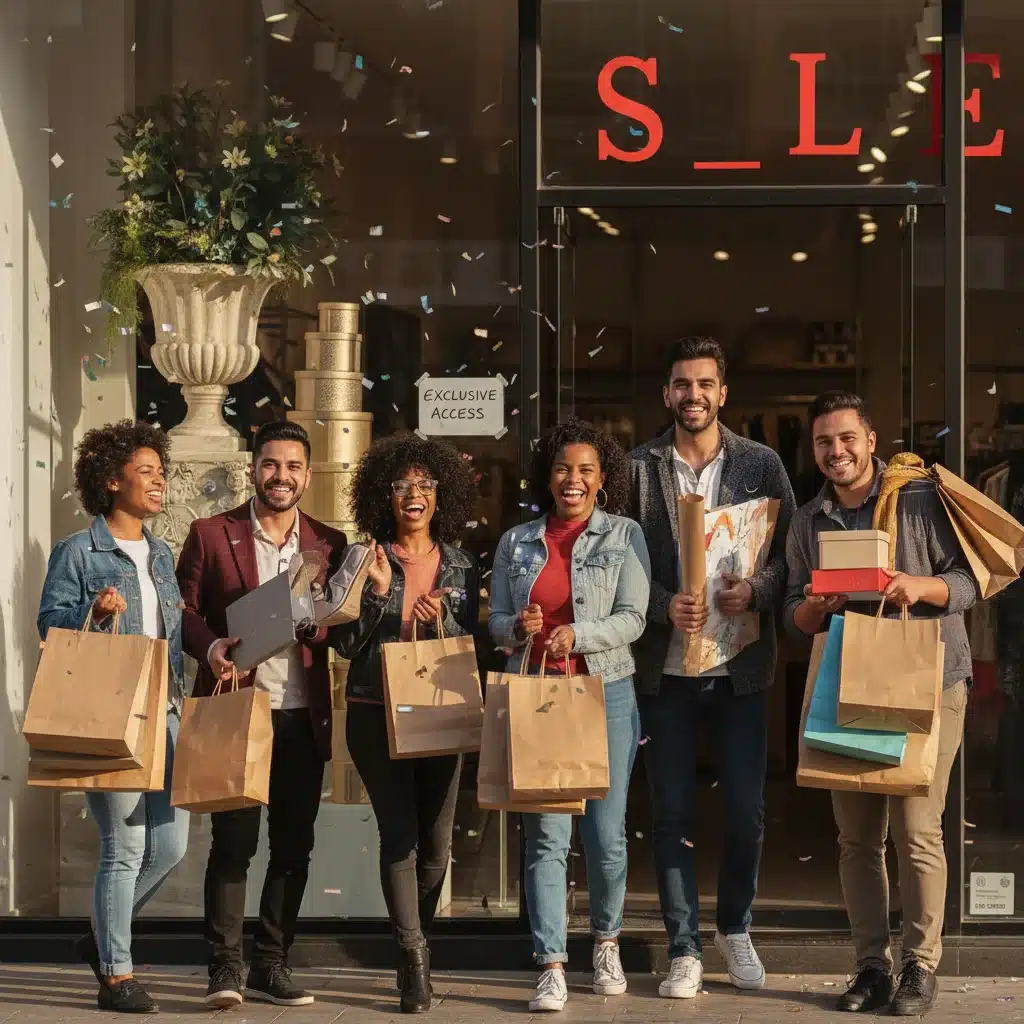 Diverse shoppers enjoying purchases from a hidden sale.