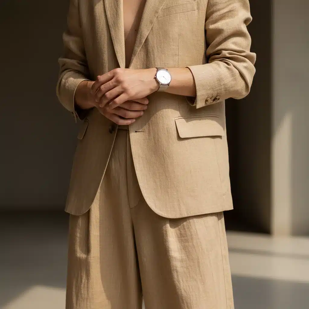 Sustainable linen blazer and wide-leg trousers, showcasing comfort and eco-friendly office fashion.