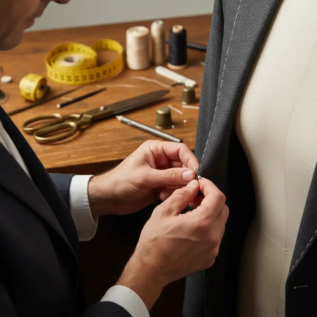 Tailor pinning jacket sleeve for custom fit