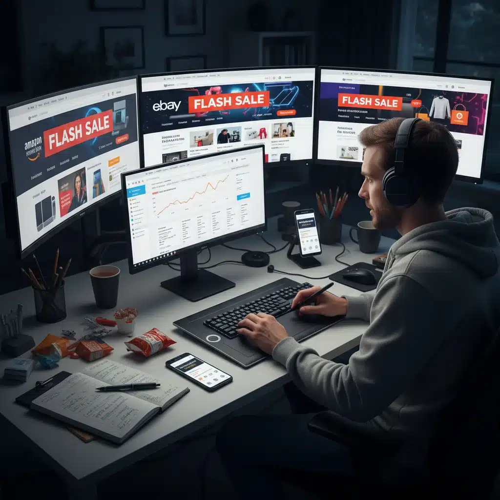 Person tracking multiple flash sales on different screens