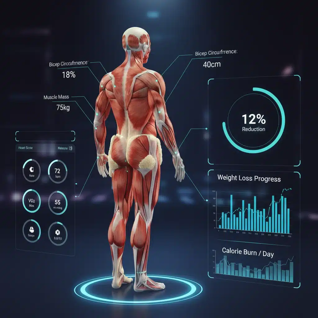 Detailed 3D body rendering showing muscle, fat distribution, and health metrics from a body scan.