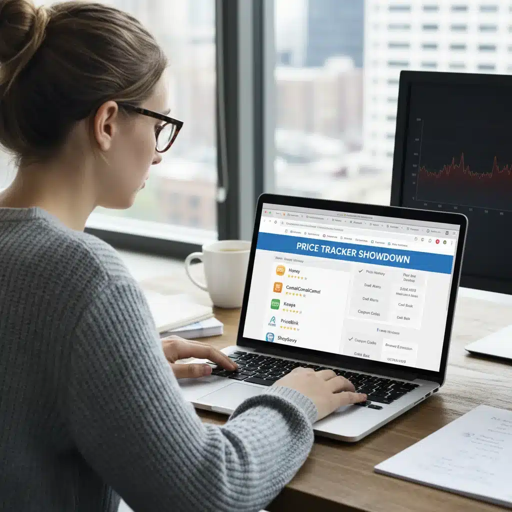 Person comparing price tracking websites on a laptop.