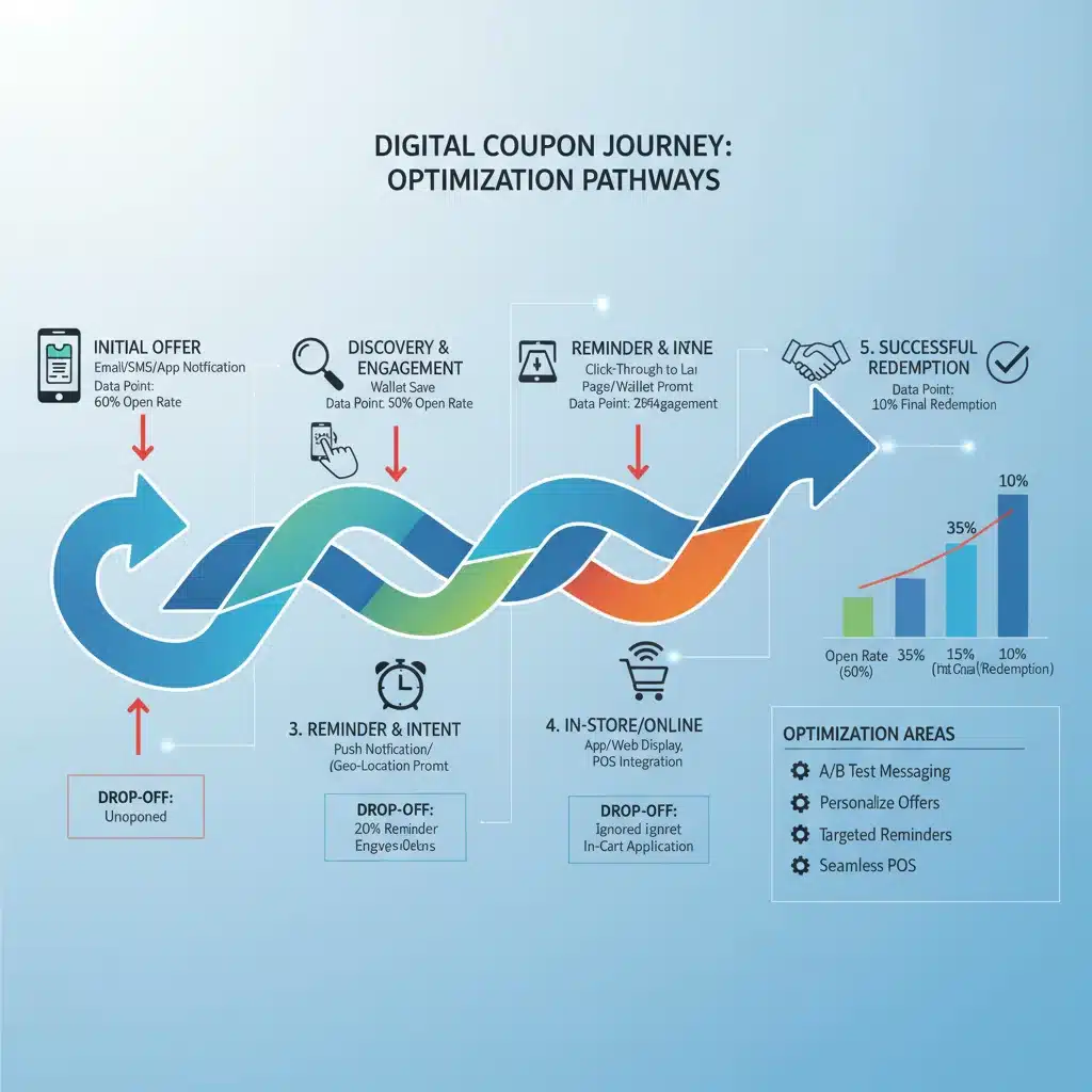Infographic showing digital coupon journey and optimization points for better redemption rates.