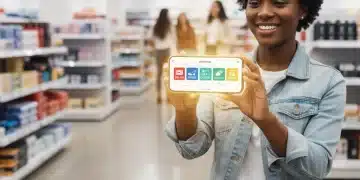 Happy shopper using digital coupon apps on a smartphone to find discounts.