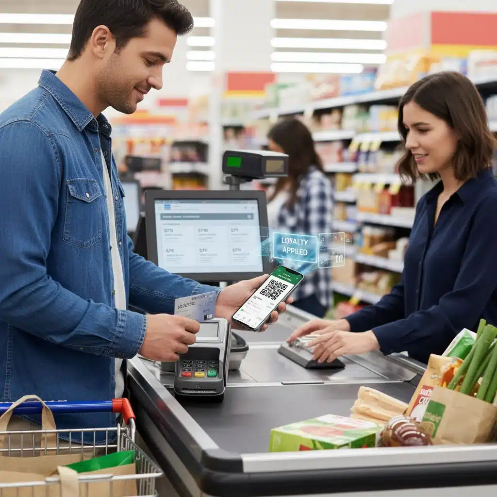 Customer using a digital coupon app at a grocery store checkout.