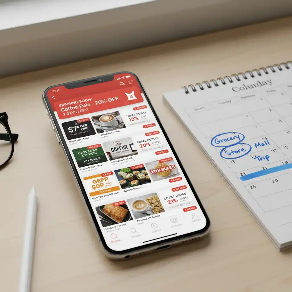 Smartphone displaying digital coupon app and calendar