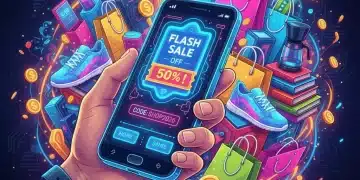 Hand holding smartphone with digital coupon amidst shopping items, symbolizing savings and successful redemption.