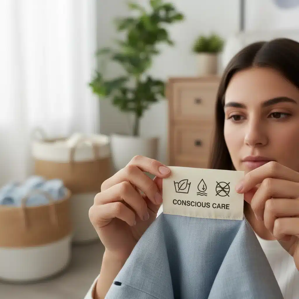 Close-up of a hand reading an eco-friendly care label on a garment, promoting conscious washing practices.