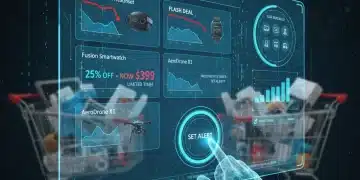 Futuristic interface showing price drop alerts and savings.