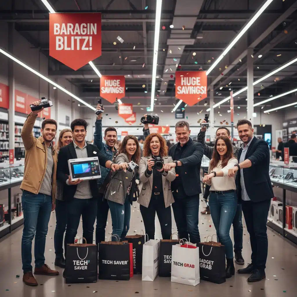 Happy customers showcasing their new electronic purchases after finding great deals