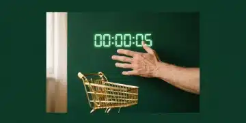 A person's hands reaching towards a digital countdown clock projected on a green wall, symbolizing scarcity and urgency in shopping decisions.