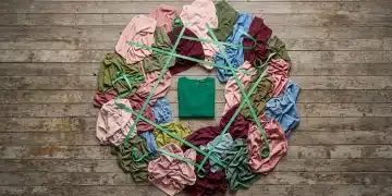 Aerial view of a messy pile of Shein clothing in various sizes on a wooden floor, with green measuring tapes weaving through, and a single, perfectly fitted emerald green midi dress in the center, illustrating sizing inconsistency.
