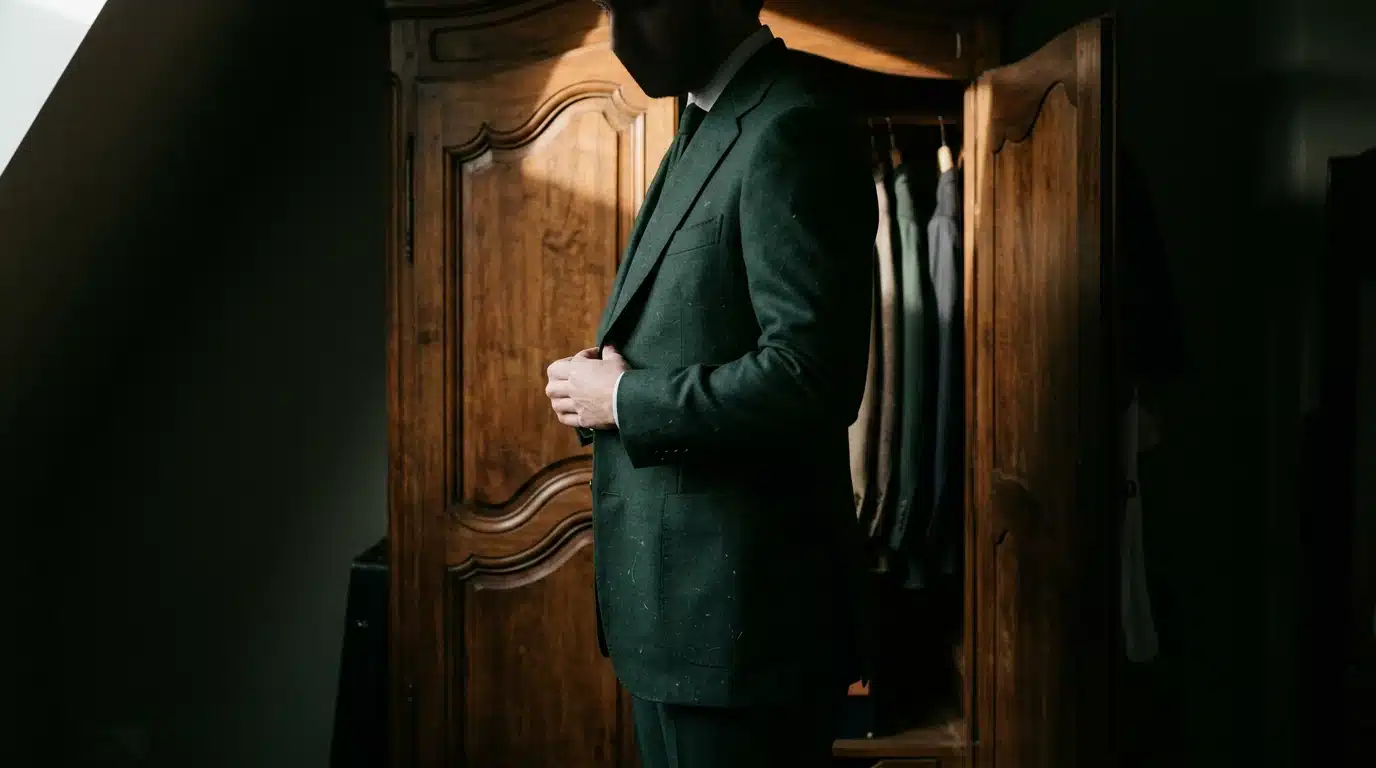 A person adjusting a tailored dark green blazer, viewing their wardrobe as a strategic asset for professional first impressions and economic value.