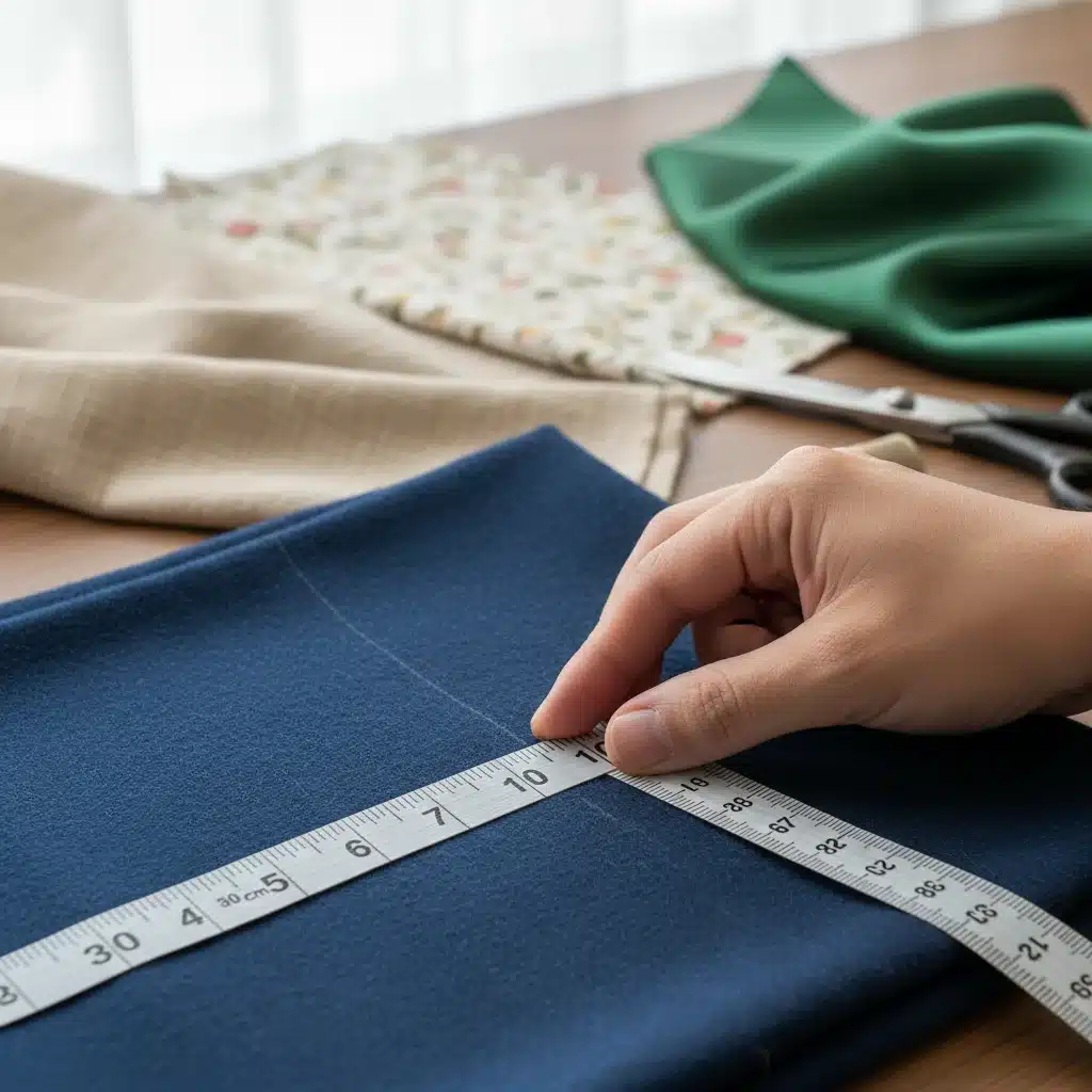 Hand measuring clothing with tape measure for accurate sizing