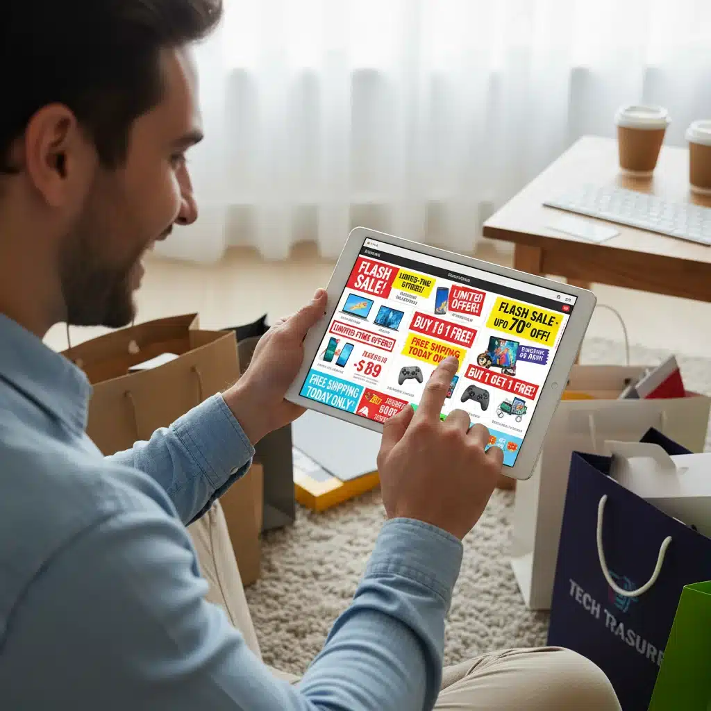 Online shopper finding electronics deals during a major sales event