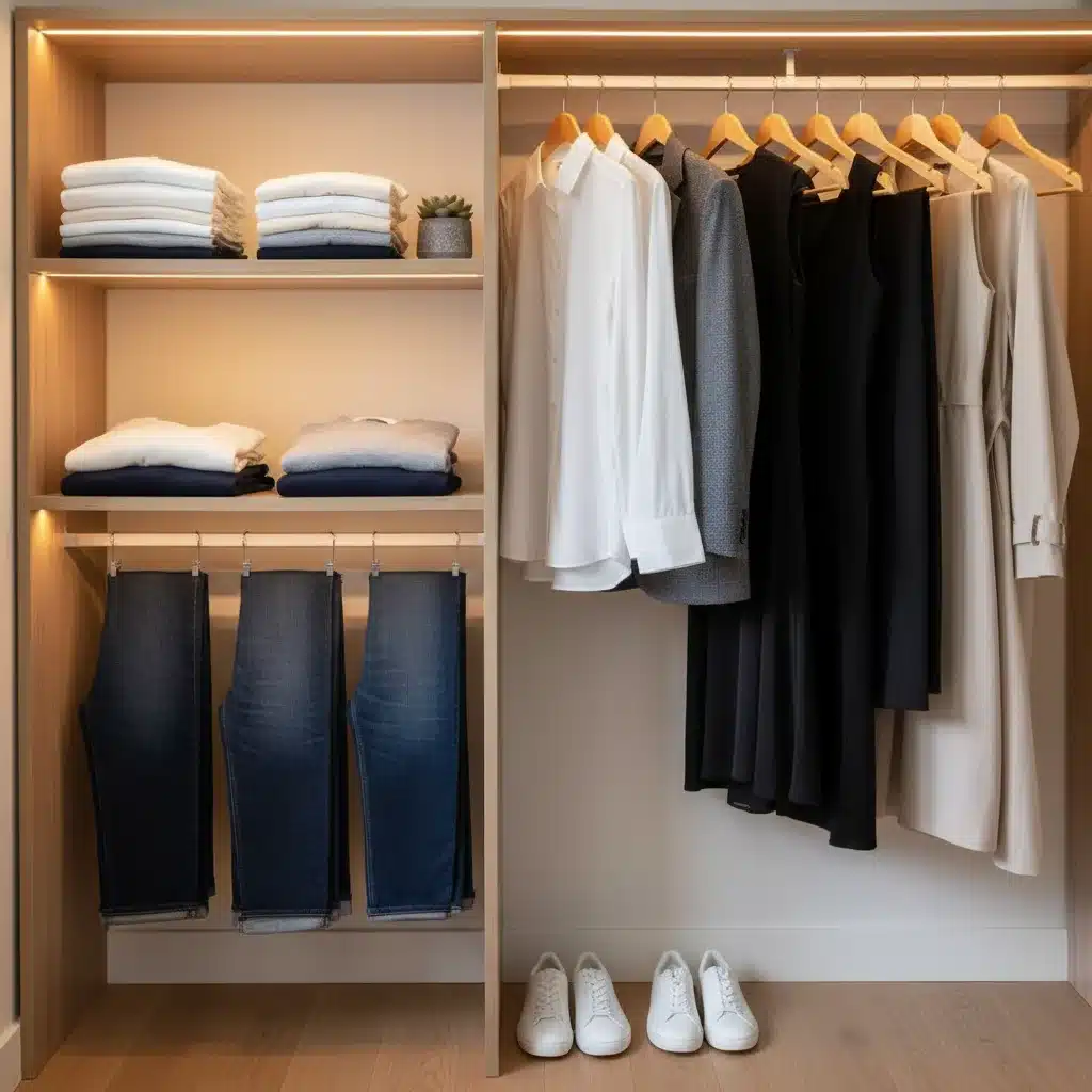 Organized minimalist closet showcasing essential capsule wardrobe items.