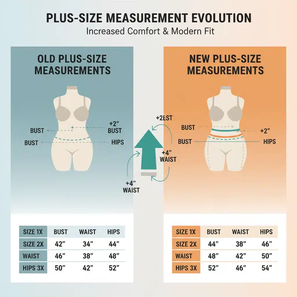 Infographic comparing old versus new plus-size measurement charts, showing sizing changes.