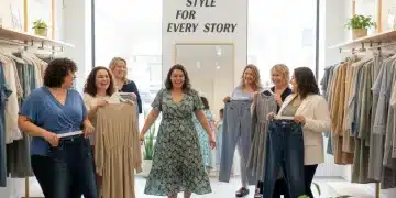 Diverse women happily trying on well-fitting plus-size clothes in a modern store, representing inclusive fashion.