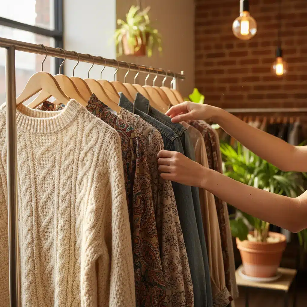 Hands browsing a rack of high-quality, pre-loved clothing in a vintage shop, emphasizing circular fashion.