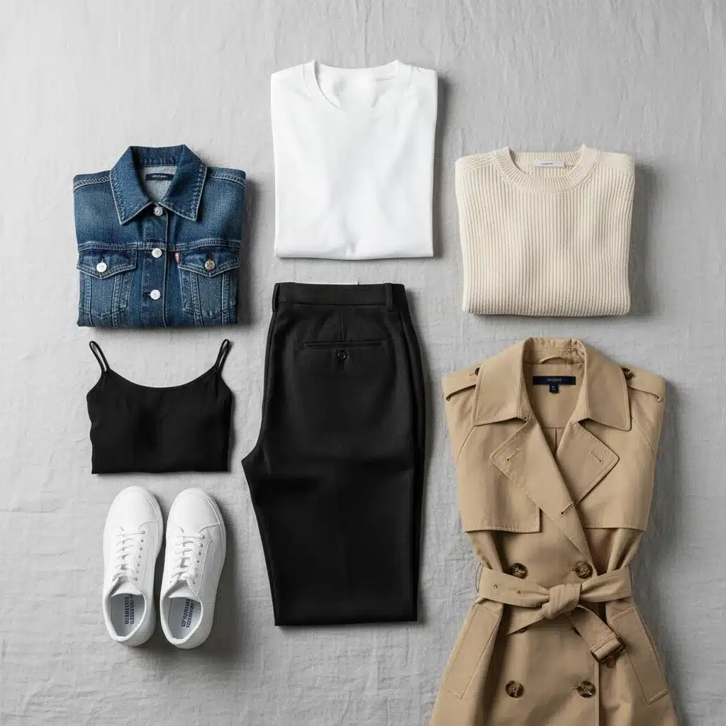 Flat lay of 7 essential capsule wardrobe items