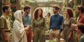 Stylish individuals showcasing sustainable fashion in a vibrant outdoor setting, promoting eco-friendly choices.