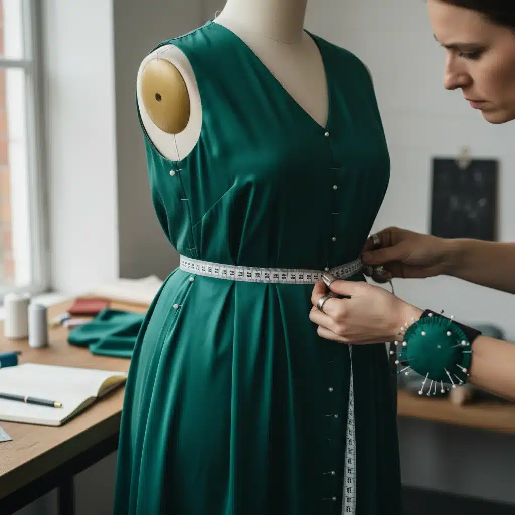 Tailor precisely measuring a plus-size garment on a mannequin, highlighting new sizing accuracy.