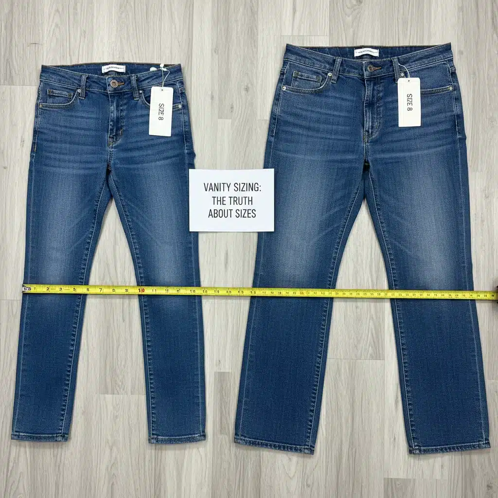 Two pairs of jeans labeled same size but with different actual measurements
