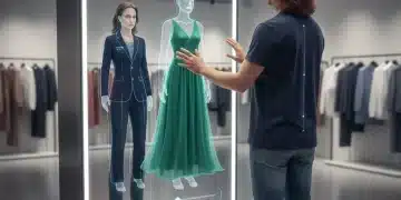 Person using an augmented reality mirror to virtually try on clothes with body scan data integration.