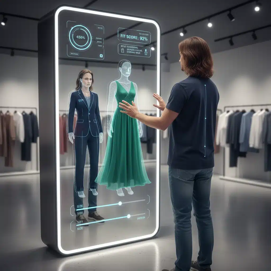 Person using an augmented reality mirror to virtually try on clothes with body scan data integration.